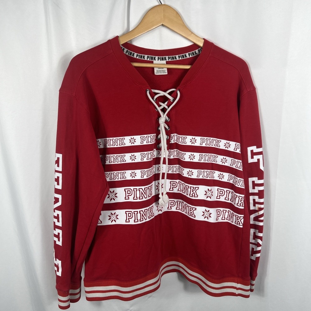 Victorias Secret Pink Crewneck Sweatshirt Pullover Large Red Fair Isle Winter